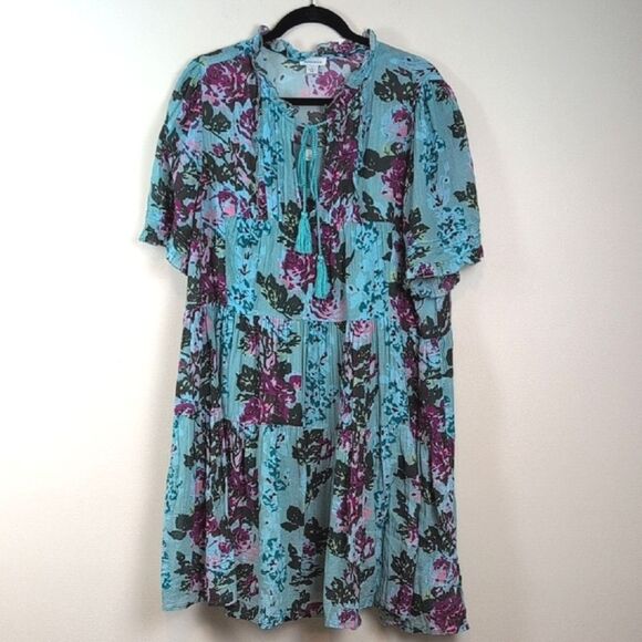 Sundance Catalog Provence Stroll Dress Turquoise Floral Boho Dress Size L - Picture 12 of 12